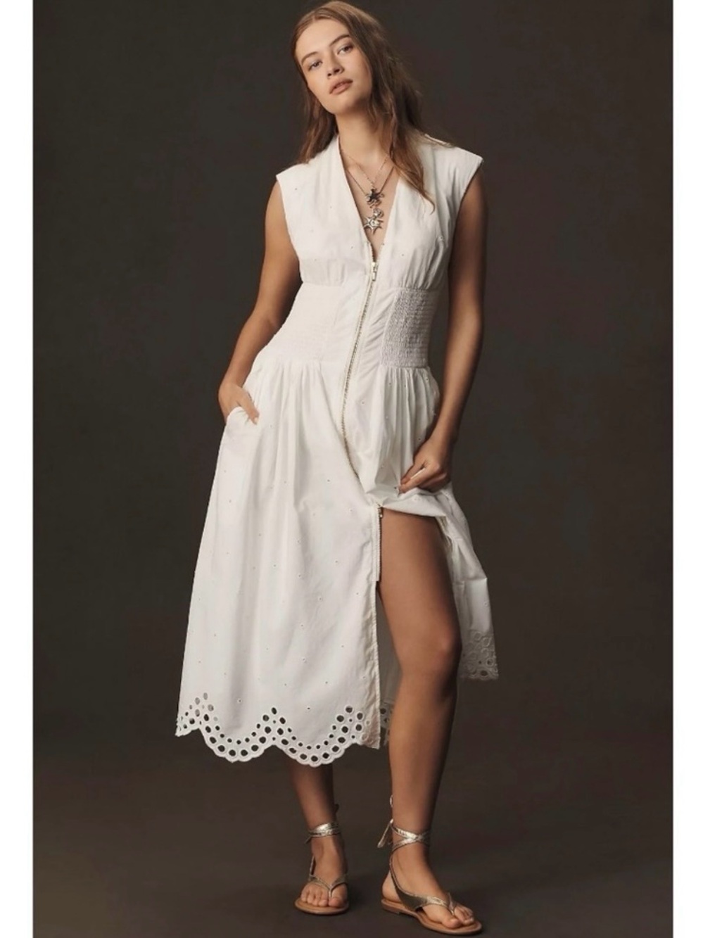 Anthropologie Maeve The Tommie Smocked Shirt Dress Eyelet Trim Zip Front Large - Picture 1 of 11